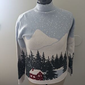 Winter Scene Sweater in Blue and White